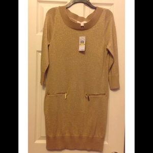 NWT Michael Kors Toffe Metallic Zip-Pocket Sweater Dress Sz M